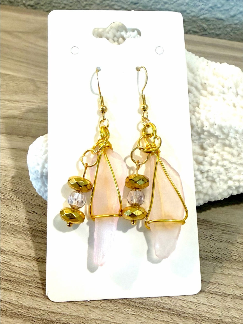 67. Gold Wire-Wrapped light Pink sea glass Drop Earrings